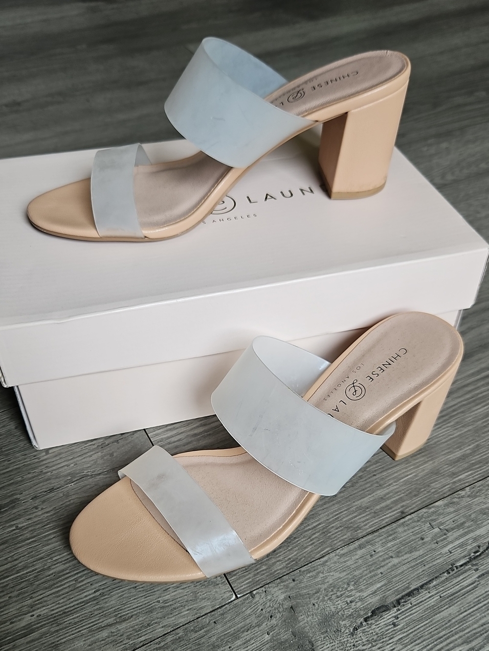 ☀️ Chinese Laundry Robinn Nude Frosted Wide Strap Block Heel Sandals Size 8.5